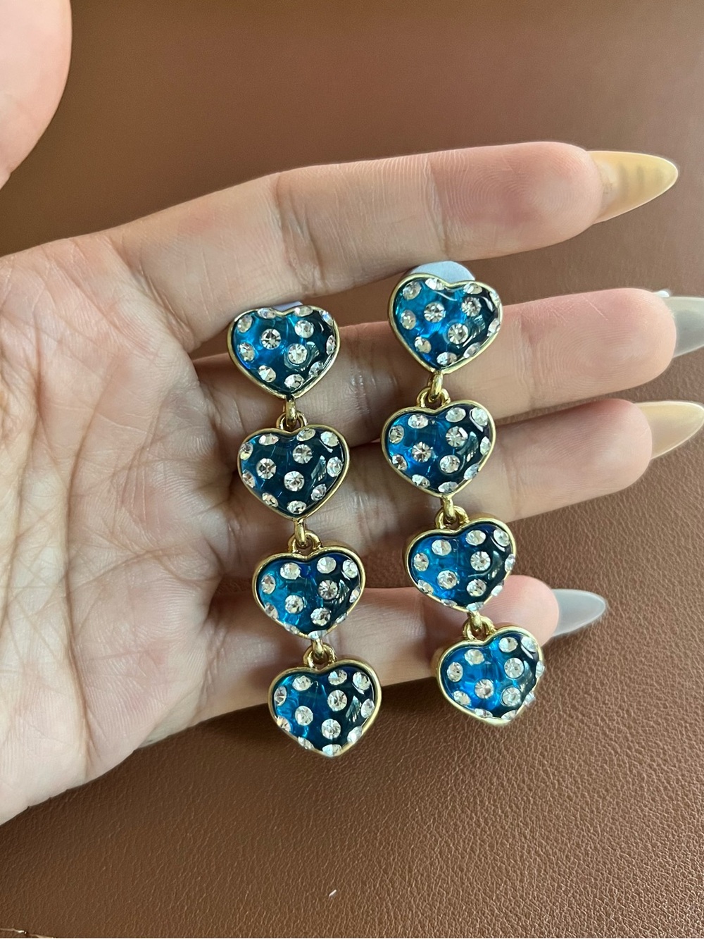 Oscar de la Renta like Blue Heart Drop Earrings with Crystal Accents